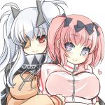  2girls blue_eyes bow breasts eyepatch grey_hair hair_bow hibari_(senran_kagura) large_breasts looking_at_viewer multiple_girls pink_hair red_eyes sei000 senran_kagura smile symbol-shaped_pupils twintails yagyuu_(senran_kagura) zipper 