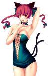  1girl absurdres alternate_costume animal_ears arm_up armpits bare_shoulders blush bow braid breasts cat_ears cat_tail cleavage dress extra_ears green_dress hair_bow hand_behind_head highres kaenbyou_rin long_hair looking_at_viewer midriff multiple_tails navel pointy_ears red_eyes red_hair redhead revealing_clothes ribbon_choker sleeveless sleeveless_dress solo tail tongue tongue_out touhou twin_braids untsue 