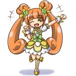  1girl ;d arm_up boots brown_hair choker cure_rosetta dokidoki!_precure double_bun dress flower hair_flower hair_ornament hairpin kou512a long_hair magical_girl no_nose open_mouth precure smile solo standing_on_one_leg twintails white_background wink wrist_cuffs yellow_eyes yotsuba_alice 