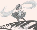  alternate_legwear breasts hatsune_miku highres long_hair mikuma open_mouth pantyhose simple_background sketch skirt smile solo twintails very_long_hair vocaloid wink 