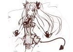  1girl astarotte_ygvar bare_shoulders blush bow demon_tail hair_bow highres long_hair lotte_no_omocha! monochrome pan!ies pointy_ears sketch smile solo tail thigh-highs thighhighs twintails wrist_cuffs 