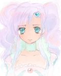  1girl bangs blue_eyes brooch bust choker derison forehead_jewel jewelry lavender_hair long_hair meredy pale_color parted_bangs sad solo tales_of_(series) tales_of_eternia twintails 