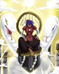 1girl anklet indian_style jewelry large_breasts long_skirt mirror mountaintop no_socks nonopomu onbashira purple_hair red_eyes sandals shimenawa sitting skirt smile snake touhou yasaka_kanako