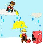  2boys angel_wings clouds dispenser gloves goggles halo hat helmet male multiple_boys rain single_glove sunglasses t8909 team_fortress_2 the_engineer the_sniper umbrella watering_can wings 