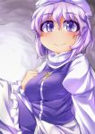  1girl apron blush breasts dress fun_bo hat juliet_sleeves large_breasts letty_whiterock long_sleeves looking_at_viewer puffy_sleeves purple_dress purple_hair shirt smile solo touhou violet_eyes waist_apron 