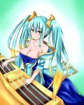  1girl aqua_hair bare_shoulders blonde_hair blush breasts cleavage collarbone etwahl gradient_hair instrument large_breasts league_of_legends long_hair multicolored_hair naigou smile solo sona_buvelle twintails very_long_hair yellow_eyes 