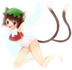  1girl animal_ears armpits barefoot blush brown_eyes brown_hair cat_ears cat_tail chen earrings fangs flat_chest hat jewelry multiple_tails one-piece_swimsuit pltrgst school_swimsuit short_hair smile solo swimsuit tail touhou wet wet_clothes white_swimsuit 
