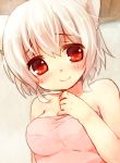  1girl animal_ears bare_arms bare_shoulders blush bust highres inubashiri_momiji looking_at_viewer naked_towel red_eyes sad_fuka short_hair silver_hair smile solo touhou towel wolf_ears 