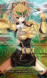  1girl artist_name belt breasts female genderswap green_eyes jewelry kamen_rider kamen_rider_beast kamen_rider_wizard_(series) personification rider-tan ring shisaki_tayu solo 