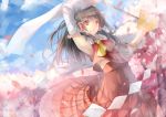  1girl arm_up armpits ascot blue_sky brown_hair cherry_blossoms clouds detached_sleeves gohei hakurei_reimu long_hair long_sleeves midriff red_eyes shirt skirt skirt_set sky solo spell_card touhou tree wide_sleeves xinta 