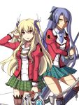  2girls blonde_hair boots bow_(weapon) character_request eiyuu_densetsu falcom juliet_sleeves long_hair long_sleeves multiple_girls nuana plaid plaid_skirt ponytail puffy_sleeves purple_hair red_eyes sen_no_kiseki skirt smile sword two_side_up weapon white_background yellow_eyes 