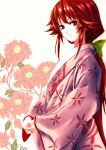  1girl flower japanese_clothes kotohime kuronuko_neero long_hair looking_at_viewer red_eyes red_hair redhead smile solo touhou touhou_(pc-98) 