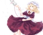  1girl blonde_hair dress hat heart lying maribel_hearn outstretched_hand puffy_short_sleeves puffy_sleeves purple_dress red_string ribbon short_hair short_sleeves string touhou weast white_background 