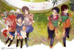  2boys 3girls absurdres badminton_racket black_hair brown_eyes brown_hair flower highres maeda_atsuhiro megami miyamoto_konatsu multiple_boys multiple_girls official_art okita_sawa open_mouth racket red_eyes sakai_wakana school_uniform short_hair socks tanaka_taichi tanu tari_tari twintails 