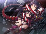  armor black_hair bodysuit breasts chainsword cleavage elbow_gloves fangs gloves highres long_hair looking_at_viewer original purple_legwear revealing_clothes smile snake solo thigh-highs thighhighs under_boob underboob very_long_hair yellow_eyes zenn 