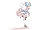  1girl blue_eyes blue_hair blush cirno dress flat_chest looking_back mikuma open_mouth short_hair simple_background smile solo touhou white_background 