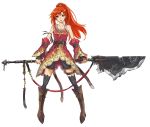  1girl absurdres bare_shoulders belt boots cocoroten collarbone detached_sleeves halberd highres original polearm ponytail red_eyes redhead shorts simple_background solo weapon white_background 
