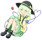  1girl blouse boots brooch closed_eyes eyes_closed frills green_hair hands_on_own_face hat hat_ribbon heart heart_of_string jewelry komeiji_koishi long_sleeves outline ribbon ru_an short_hair simple_background sitting skirt solo third_eye touhou white_background wide_sleeves 