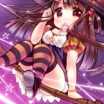  1girl blush bow bracelet broom broom_riding brown_hair candy dearoliha dress halloween hat heart jewelry lollipop long_hair looking_at_viewer mouth_hold original puffy_short_sleeves puffy_sleeves shoes short_dress short_sleeves solo star striped striped_legwear swirl_lollipop thigh-highs thighs witch witch_hat 