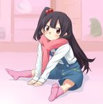  black_hair brown_eyes hair_bobbles hair_ornament highres kitashirakawa_anko long_hair one_side_up rough scarf shorts side_ponytail sitting soratobu_zippo tamako_market 