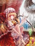  1girl :o ascot blonde_hair blush crystal curtains flandre_scarlet flower garter_straps hat hat_ribbon horns open_mouth panties red_eyes ribbon rose short_hair side_ponytail skirt skull solo striped striped_panties touhou underwear wings yellow_rose zerii_(cdcdqqq) 