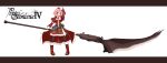  1girl hat highres huge_weapon letterboxed looking_at_viewer mikuma pink_hair pixiv_fantasia pixiv_fantasia_4 red_eyes short_hair simple_background smile solo title_drop weapon white_background 