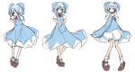  1girl blue_eyes blue_hair blush bow character_sheet cirno dress dress_lift hair_bow looking_at_viewer mikuma simple_background sketch smile solo touhou white_background 