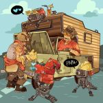  2boys boots clouds drink hat heart helmet male multiple_boys no_headwear no_helmet open_mouth rv sentry single_glove standing straw sunglasses t8909 team_fortress_2 the_engineer the_sniper vehicle watch watch 