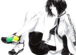  1girl bike_shorts black_hair jacket legs monochrome navel open_clothes open_jacket open_mouth original sawasawa shoes short_hair shorts simple_background sitting sneakers solo sports_bra spot_color white_background 