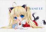  animal_ears ball ball_of_yarn blonde_hair blue_eyes cat_ears cat_tail dress long_hair mocomoco_party on_stomach original sample tail twintails yarn 