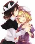  2girls blonde_hair blush bow brown_hair capelet closed_eyes eyes_closed friends hands_together happy hat hat_bow kiss laughing maribel_hearn multiple_girls necktie open_mouth sakuzora short_hair side smile touhou usami_renko white_background 