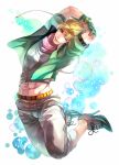  1boy blonde_hair bubble caesar_anthonio_zeppeli facial_mark feathers fingerless_gloves glenn343434 gloves green_eyes green_jacket headband high_heels jacket jojo_no_kimyou_na_bouken midriff shoes solo wink 