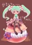  1girl absurdres dress eating green_eyes green_hair hair_ornament hatsune_miku highres itto_(3289162) long_hair macaron mary_janes necktie open_mouth shoes sitting solo thigh-highs twintails vocaloid 