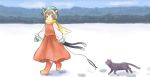  1girl animal_ears blue_sky brown_eyes brown_hair cat cat_ears chen cloud clouds fish footprints forest frown hat horizon jewelry l_size long_sleeves looking_at_viewer mittens multiple_tails nature rubber_boots scarf short_hair single_earring skirt sky snow solo string tail touhou vest 