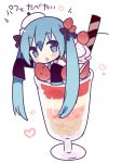  1girl blue_eyes blue_hair detached_sleeves food hatsune_miku in_food kimoko long_hair minigirl open_mouth parfait sleeves_past_wrists solo twintails very_long_hair vocaloid 