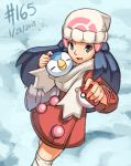  1girl beanie blue_eyes blue_hair dated hat hikari_(pokemon) hikari_(pokemon)_(remake) holding holding_poke_ball junkpuyo kneehighs long_hair piplup poke_ball pokemon pokemon_(creature) pokemon_(game) scarf shared_scarf smile snow winter_clothes winter_coat 