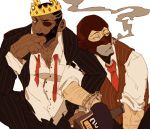  2boys balaclava bottle cigarette crown cuffs dark_skin eyepatch facial_hair formal handcuffs mask multiple_boys necktie prince_tavish&#039;s_crown scottish_handshake simple_background sitting smoke smoking suit t8909 team_fortress_2 the_demoman the_spy undone_necktie white_background 