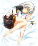  1girl barefoot elsword eve_(elsword) expressionless gloves long_sleeves on_side poseich shirt short_hair shorts solo white_hair yellow_eyes 