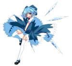  1girl blue_hair blush bow cirno colored hair_bow open_mouth short_hair simple_background smile solo thigh-highs touhou tsukigami_chiruyo_(zeroko) white_background white_legwear wink 