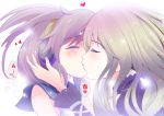  2girls amisu blush brown_hair closed_eyes earmuffs heart hijiri_byakuren kiss long_hair long_sleeves multicolored_hair multiple_girls purple_hair short_hair sleeveless touhou toyosatomimi_no_miko yuri 