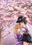  2girls arm_grab blonde_hair brown_eyes brown_hair cherry_blossoms hat holding maribel_hearn multiple_girls necktie no_hat no_headwear petals ricitap shirt short_hair skirt touhou usami_renko white_shirt 