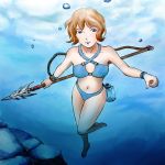  1girl barefoot bikini bottle bracelet brown_hair bubble diving freediving harpoon jewelry ocean original polearm purple_eyes redhead short_hair solo spear swimming swimsuit underwater weapon 