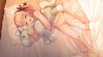  1girl :d ^_^ closed_eyes doll_hug drooling flower furoyamachi_neko game_cg hair_flower hair_ornament heart_print lying open_mouth pajamas pillow pink pink_hair saliva smile solo stuffed_donkey tokeijikake_no_ley_line urabi_(tomatohouse) 