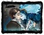  black_hair blue_hair bridal_veil bride byam corpse_bride couple dress emily_(corpse_bride) flowers_in_hair formal long_hair short_hair skeletal_arm sparkle suit undead veil victor_van_dort wedding wreath 