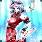  1girl barefoot dress hair_ornament hideki_(itsuki_xx) purple_hair red_eyes snake touhou yasaka_kanako 