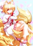  1girl animal_ears blonde_hair breasts capelet cherry_blossoms cosplay dress fox_ears fox_tail hat lily_white lily_white_(cosplay) long_sleeves merry_(diameri) petals short_hair sitting smile solo tail touhou wink yakumo_ran yellow_eyes 