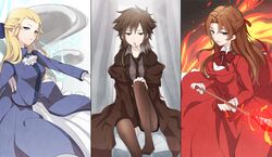  3girls black_eyes black_hair blonde_hair blue_eyes brown_hair cigarette dress emiya_kiritsugu fate/zero fate_(series) gem genderswap hair_ribbon half_updo juugonichi_(wheeliex2) kayneth_archibald_el-melloi long_hair mercury multiple_girls pantyhose ribbon staff toosaka_tokiomi volumen_hydragyrum 