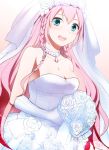  1girl aqua_eyes bare_shoulders bouquet breasts cleavage dress flower gloves jewelry kikuchi_mataha long_hair looking_at_viewer megurine_luka necklace pink_hair smile vocaloid wedding_dress 