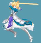  1girl ahoge aowani armor armored_dress armot blonde_hair dress excalibur fate/stay_night fate_(series) fighting_stance gauntlets green_eyes hair_ribbon pixel_art ribbon saber simple_background solo sword weapon 