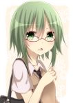  1girl bag bespectacled glasses green_eyes green_hair gumi highres looking_at_viewer necktie open_mouth red-framed_glasses school_bag short_hair solo sweater_vest vocaloid yamasuta 